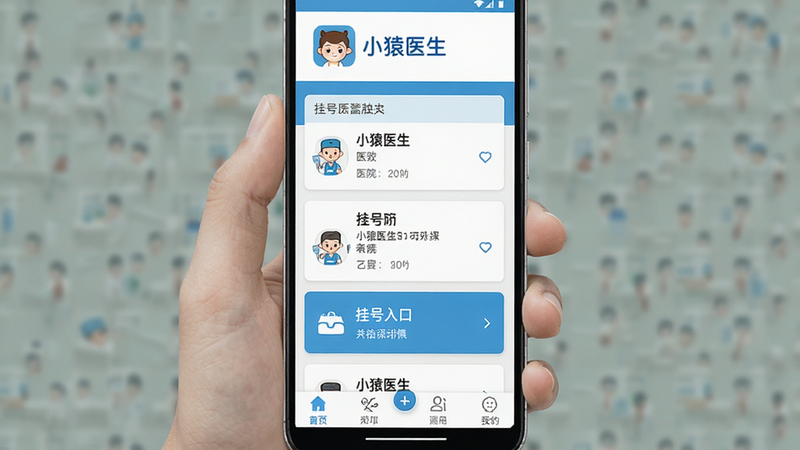 主体为小猿医生App安卓界面截图,布局采用居中垂直排列,顶部显示应用Logo及名称“小猿医生”,中部展示医院列表或挂号入口卡片,底部为功能导航栏,风格为扁平化现代UI设计,色彩以医疗蓝和白色为主,细节清晰,文字“小猿医生”清晰可见,画质高清,干净无多余元素