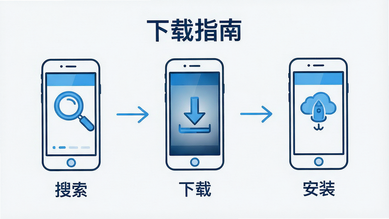 主体为下载步骤示意图,布局为三步流程图,展示“搜索”、“下载”、“安装”三个动作,风格为简洁线性图标,色彩为科技蓝,细节展示手机屏幕变化,文字“下载指南”清晰,画质高清,干净