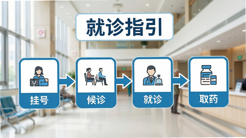主体为就诊流程指引图,布局为步骤条形式,展示“挂号”、“候诊”、“就诊”、“取药”四个节点,每个节点配有简洁图标,背景为医院内部环境,风格直观易懂,文字“就诊指引”标注,画质清晰,干净