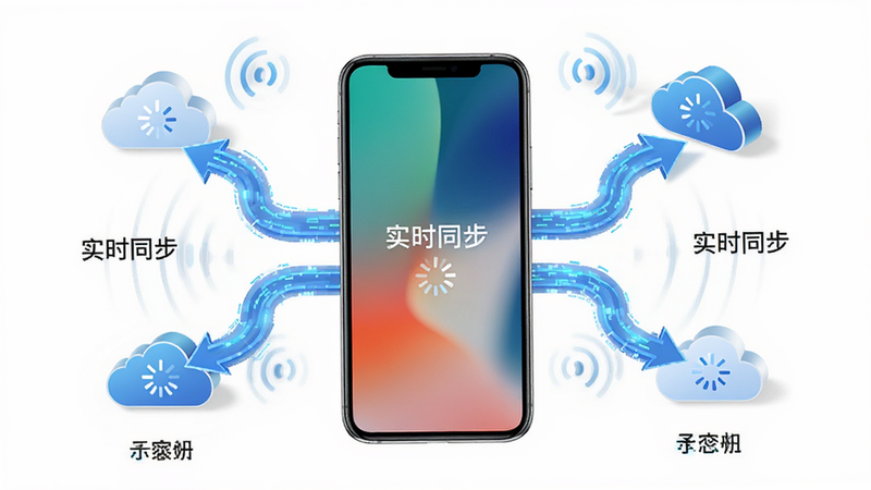 主体为手机同步状态示意图,布局中心是手机模型,周围有数据流箭头指向云端图标,排版中心构图,风格写实与抽象结合,细节显示信号波纹与加载动画,画质高清,背景纯净,图中文字包含