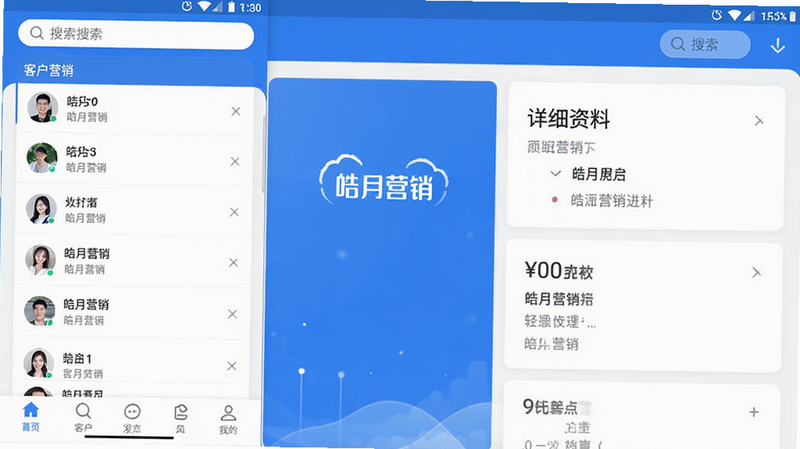 主体为皓月营销APP的安卓界面全景图,布局采用左右分栏式,左侧显示客户列表,右侧展示详细资料卡片,排版清晰有序,风格为现代扁平化商务蓝白配色,细节包含底部导航栏的图标与顶部搜索框,画质高清,干净无多余元素,图中文字包含