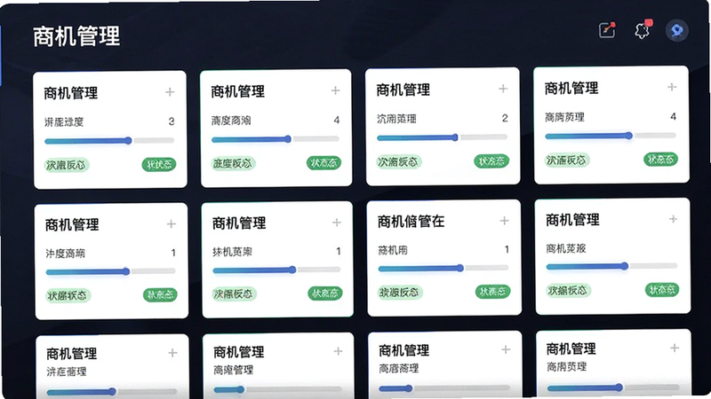 主体为商机看板界面,布局为多列卡片式排列,每张卡片代表一个商机,排版整齐,风格简洁现代,细节显示进度条与状态标签,画质清晰,无杂乱背景,图中文字包含