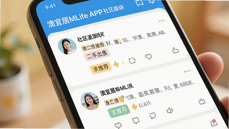 澳宜居MLife APP社区版块界面,显示多条用户帖子,头像与文字内容清晰,包含“二手出售”、“求推荐”等标签,界面温馨友好,色彩明亮,手机屏幕特写,高分辨率