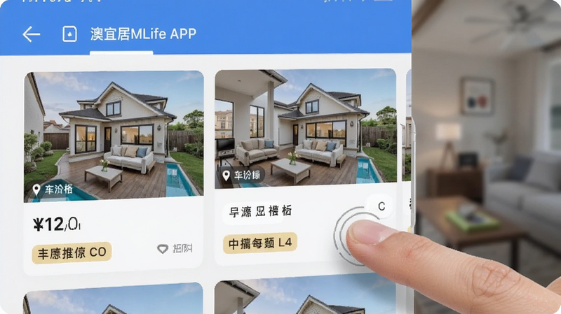 澳宜居MLife APP内的房源列表界面截图,展示带有实景图的房屋卡片,包含价格、位置标签,界面整洁,手指点击交互示意,背景虚化,突出APP功能,高清细节
