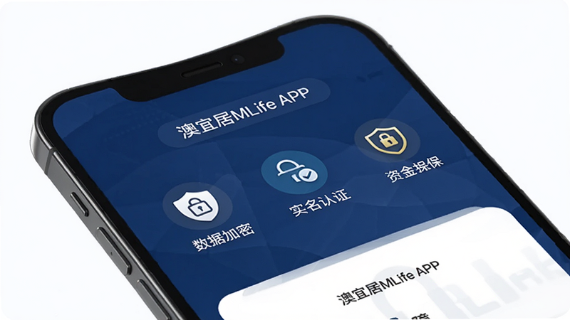 澳宜居MLife APP的安全保障界面,显示数据加密、实名认证、资金担保等图标,背景为深蓝色,体现专业与安全感,手机界面特写,高清细节