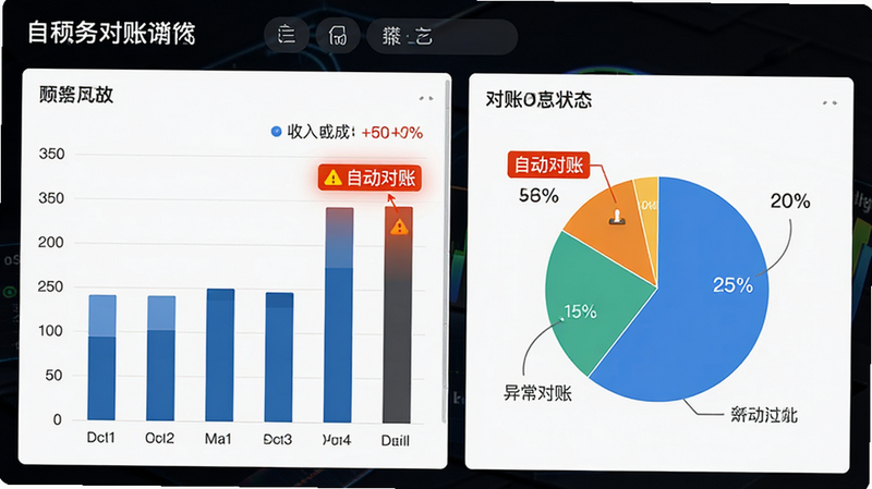 主体为财务对账仪表盘,布局包含柱状图与饼图,显示收入构成与对账状态,排版整齐,风格商务专业,细节处有高亮显示的异常数据警示标记,文字标注“自动对账”,画质高清,背景纯白