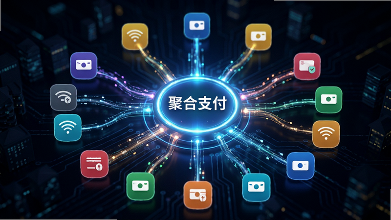 主体为支付流程示意图,布局中心是一个发光的聚合节点,周围环绕着不同颜色的支付图标通过线条汇入中心,排版呈放射状,风格科技感强,细节展示数据流动的光效,文字标注“聚合支付”,画质清晰,无多余装饰