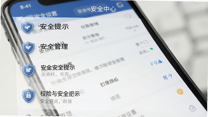 主体为手机端安全设置界面,布局为列表形式,展示权限管理与安全提示,排版紧凑有序,风格严肃专业,细节处有盾牌图标强调安全,文字标注“安全中心”,画质清晰,无干扰元素