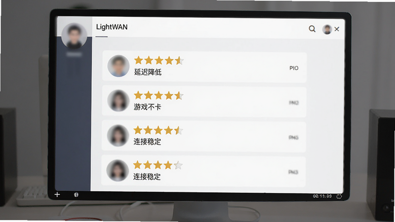 LightWAN 用户评价界面模拟图,显示多条五星好评,内容提及“延迟降低”、“游戏不卡”、“连接稳定”,界面简洁,头像模糊处理,体现正面用户反馈,高清 UI 设计,无具体用户名