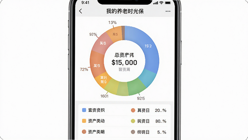 手机应用界面截图,展示“我的养老时光保”的资产饼图分析,中心显示总资产数值,周围环绕着不同颜色的扇形区域代表不同资产类别,下方有详细的列表说明,界面干净,色彩搭配和谐,体现数据可视化效果,画质清晰,无干扰元素