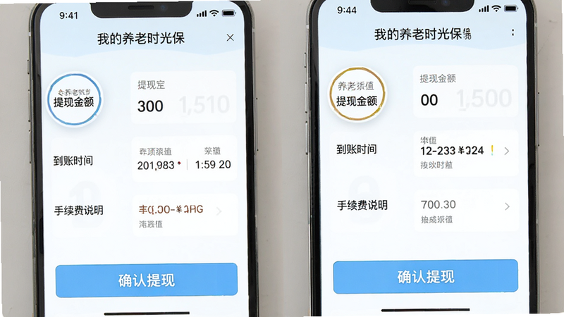 手机应用界面截图,显示“我的养老时光保”APP的提现页面,包含“提现金额”、“到账时间”、“手续费说明”等字段,下方有“确认提现”按钮,界面设计简洁,关键信息高亮显示,背景为淡蓝色,体现金融类应用的严谨性,画质清晰,无误导性元素
