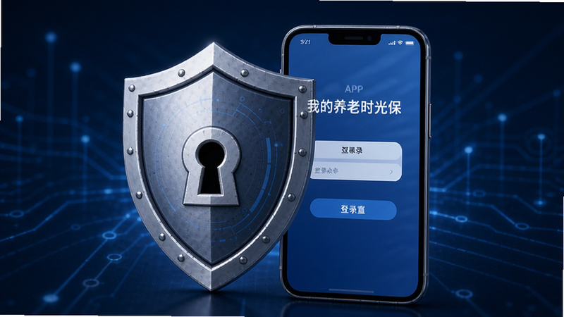 概念图,展示一个盾牌图标保护着手机屏幕,屏幕上显示“我的养老时光保”APP的登录界面,背景为深蓝色科技感线条,象征安全与稳定,盾牌上有锁孔细节,整体风格庄重可靠,画质精致,无多余装饰
