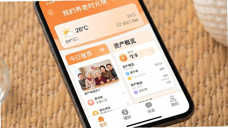 一张高清手机应用界面展示图,主体为“我的养老时光保”APP首页,布局清晰,顶部显示天气和日期,中间是核心功能模块如“今日推荐”、“资产概览”,底部导航栏包含“首页”、“理财”、“消息”、“我的”,风格现代简约,色调以暖橙色和白色为主,体现温馨与专业,画质清晰,无多余装饰元素