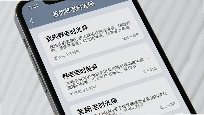 手机屏幕特写,显示“我的养老时光保”APP的资讯列表界面,卡片式设计,每张卡片包含标题、摘要和发布时间,背景为浅灰色,文字清晰易读,强调信息层级,风格简洁商务,画质高,无水印