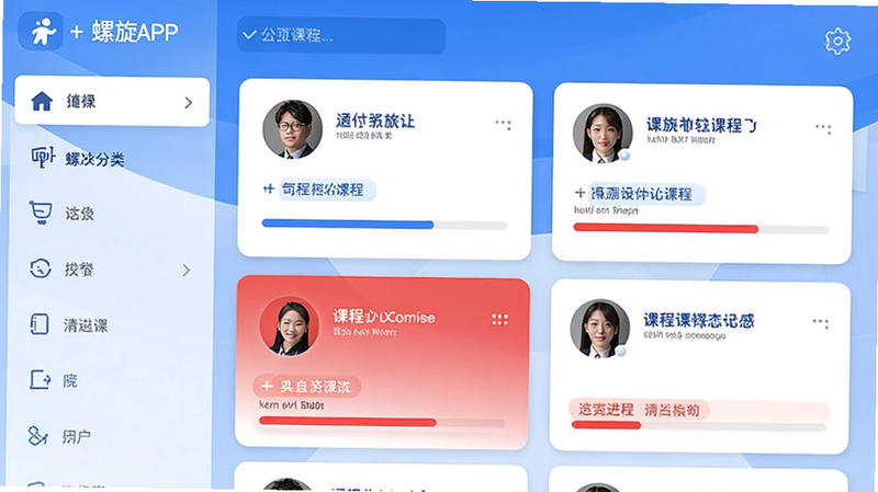 ������APP�γ��б�ҳ�������ʾ����˵����Ҳ�չʾ�γ̿�Ƭ��ÿ�ſ�Ƭ���н�ʦͷ�񡢿γ̱���ͽ���������ɫΪ�׵����֣��ص�γ̱�죬���ֽ������򣬷���ִ���Լ��ϸ�ڷḻ�������������ɾ����޶���Ԫ�أ���������+Ԥ��ͼ