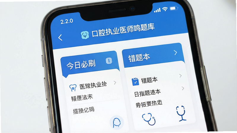 一张高清手机应用界面展示图,主体为“口腔执业医师鸣题库”APP首页,布局清晰,顶部显示版本号2.2.0,中间区域展示“今日必刷”和“错题本”模块,排版整齐,风格简约商务蓝白配色,细节处体现医学专业感,画质清晰,无多余元素,文字内容清晰可见。