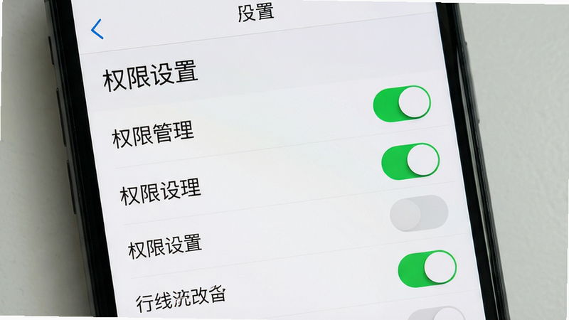 手机屏幕显示应用设置界面,主体为权限管理列表,布局为垂直滚动列表,排版清晰,风格简洁,细节展示开关按钮的状态(开启/关闭),画质高清,干净,无多余元素,文字“权限设置”
