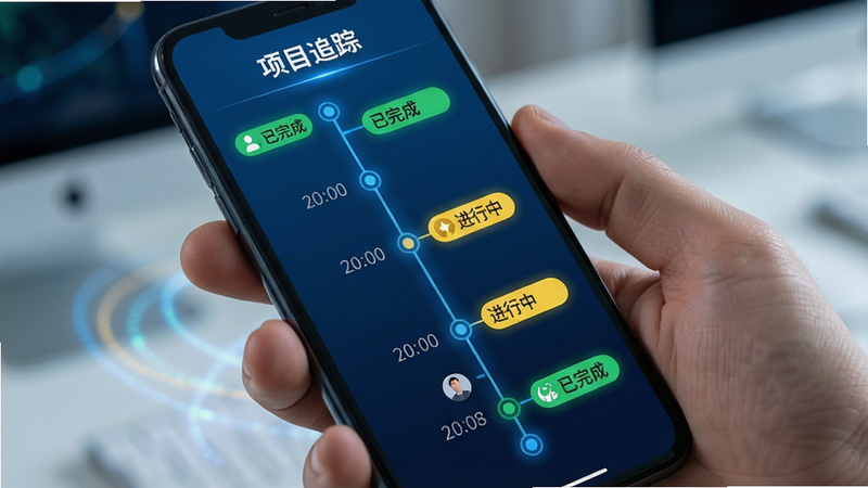 手机屏幕显示项目流程时间轴界面,主体为垂直时间轴,布局节点清晰,排版线性流畅,风格科技感蓝色调,细节展示不同状态的颜色标识(如绿色已完成、黄色进行中),画质高清,干净,无多余元素,文字“项目追踪”