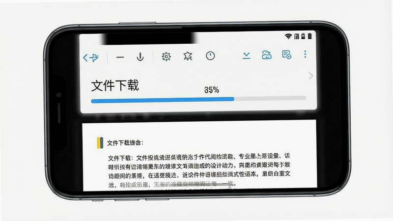 手机屏幕显示文件下载进度条与预览界面,主体为文档阅读视图,布局上方为工具栏,下方为文档内容,排版清晰易读,风格专业务实,细节展示下载进度百分比与页面翻页指示器,画质高清,干净,无多余元素,文字“文件下载”