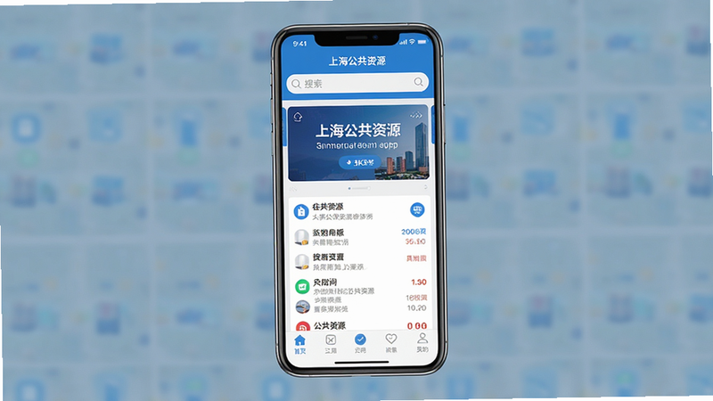 上海公共资源App界面全景,主体为手机屏幕显示的应用首页,布局清晰包含顶部搜索栏、中部轮播公告区、底部功能导航栏,排版整齐,风格扁平化商务蓝白配色,细节展现清晰的文字列表与图标,画质高清,干净,无多余元素,文字“上海公共资源”