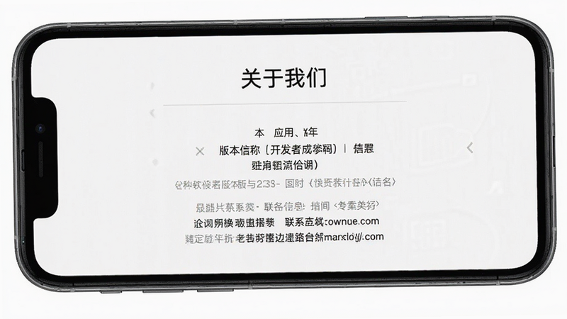 手机屏幕显示应用关于页面,主体为版本信息与版权信息,布局简洁,排版居中,风格正式,细节展示开发者名称与联系方式,画质高清,干净,无多余元素,文字“关于我们”