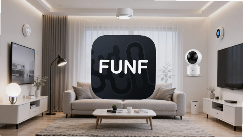主体为FUNF软件图标悬浮在中央,背景是现代化的智能家居客厅场景,包含智能灯泡、摄像头和传感器,布局清晰,排版平衡,科技简约风格,细节精致,高清画质,干净无多余元素,文字“FUNF”居中显示