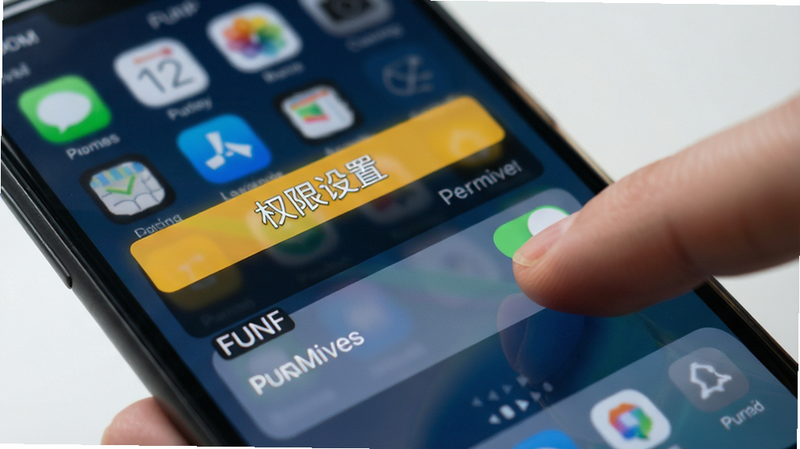 主体为手机屏幕显示FUNF设置界面,手指正在点击权限开关,背景为模糊的手机桌面,布局聚焦于屏幕内容,写实风格,细节清晰,高清画质,干净,文字“权限设置”高亮显示
