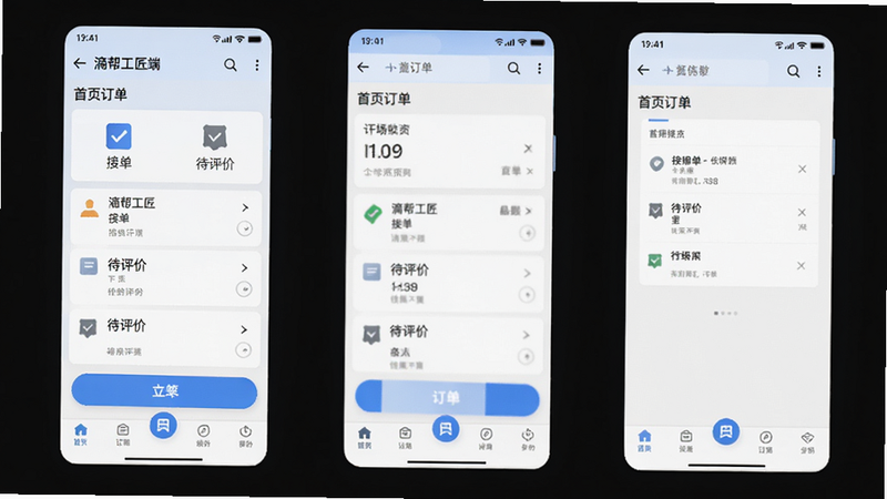 主体为滴帮工匠端安卓APP界面预览,布局清晰展示首页订单列表、底部导航栏及顶部状态栏,排版采用扁平化设计,风格简洁现代,细节包含“接单”、“待评价”图标及蓝色主色调按钮,画质高清,干净,无多余元素