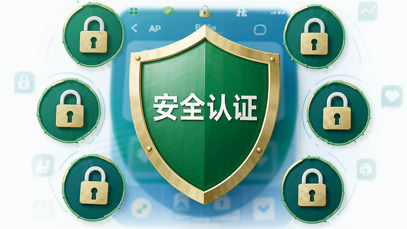 主体为安全认证盾牌图标与APP界面结合,布局中心为绿色盾牌,周围环绕锁形图标,排版对称稳重,风格信任感强,细节显示“安全认证”文字,画质高清,干净,无多余元素
