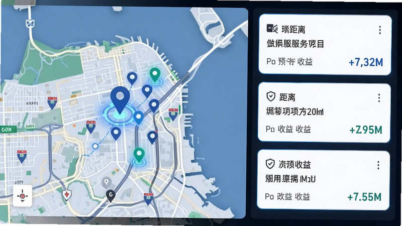 主体为地图与订单推送场景,布局左侧为地图定位点,右侧为订单卡片列表,排版紧凑有序,风格科技感,细节显示距离、服务项目名称及预计收益,画质清晰,干净,无多余元素