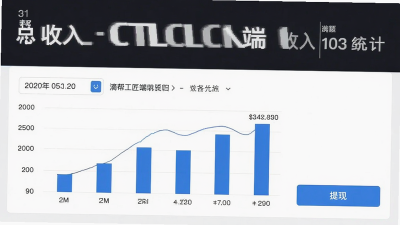 主体为滴帮工匠端收入统计页面,布局上方为总收入大字展示,下方为柱状图趋势分析及提现按钮,排版数据可视化风格,细节包含日期筛选器及金额数字,画质高保真,干净,无多余元素