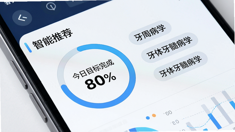主体为手机屏幕局部特写,聚焦于“智能推荐”区域,展示一个圆形进度条显示“今日目标完成80%”,旁边列出“牙周病学”、“牙体牙髓病学”等标签。布局紧凑,排版整齐,风格科技感强,细节包含数据可视化图表,画质精致,干净,无多余元素