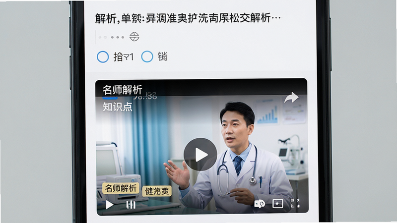主体为手机屏幕界面,展示一道单选题的解析页面,上半部分为题目,下半部分为“名师解析”视频播放器,视频封面显示医生讲解场景。布局上下分明,排版清晰,风格专业严谨,细节包含播放按钮与知识点标签,画质清晰,干净,无多余元素