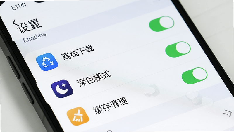 主体为手机屏幕界面,展示“设置”页面,突出显示“离线下载”、“深色模式”、“缓存清理”三个选项,图标清晰。布局列表式,风格简洁现代,细节包含开关按钮状态,画质清晰,干净,无多余元素