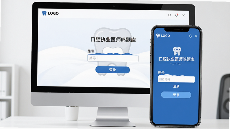 主体为电脑显示器与智能手机并排展示,屏幕上均显示“口腔执业医师鸣题库”的登录界面,账号密码输入框清晰可见。布局对称,风格商务简约,细节包含品牌LOGO与登录按钮,画质高清,干净,无多余元素