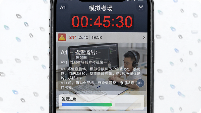 主体为手机屏幕界面,展示“模拟考场”模式,顶部有醒目的红色倒计时“00:45:30”,中部为A1型题题目,底部为答题卡进度条。布局模仿电脑端机考界面,风格严肃正式,细节包含时间警示与题目编号,画质高保真,干净,无多余元素