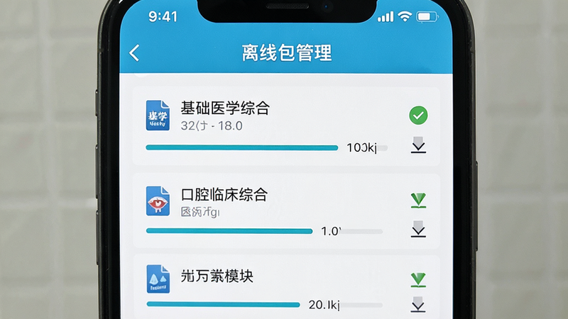 主体为手机屏幕界面,展示“离线包管理”页面,列出“基础医学综合”、“口腔临床综合”等可下载模块,显示下载进度条。布局列表式排列,风格简洁实用,细节包含文件大小与下载状态图标,画质清晰,干净,无多余元素