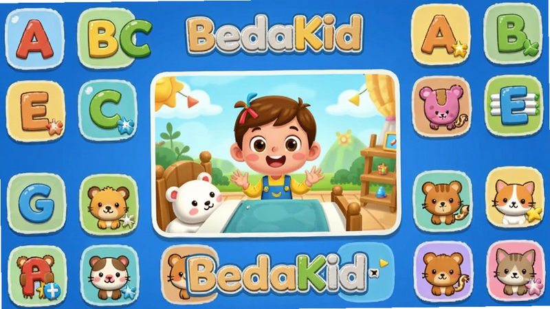 Boogu-Image 风格,主体为 BedaKid 软件界面预览,布局清晰,中央显示卡通英语学习场景,周围环绕 ABC 字母和可爱动物图标,排版整洁,色彩鲜艳明亮,细节丰富,画质高清,干净无多余元素,文字内容包含