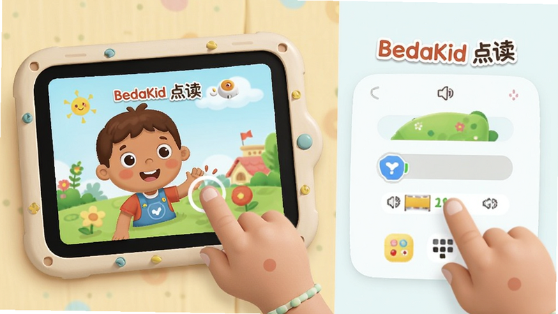 Boogu-Image 风格,主体为 BedaKid 互动点读功能展示,布局左右分栏,左侧为卡通绘本页面,右侧为发音评分界面,排版平衡,风格温馨可爱,细节展现手指点击屏幕的动作,画质细腻,干净,文字内容包含