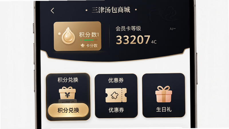 主体为三津汤包商城APP的会员页面,布局上方展示会员卡等级图标与积分数值,中部为