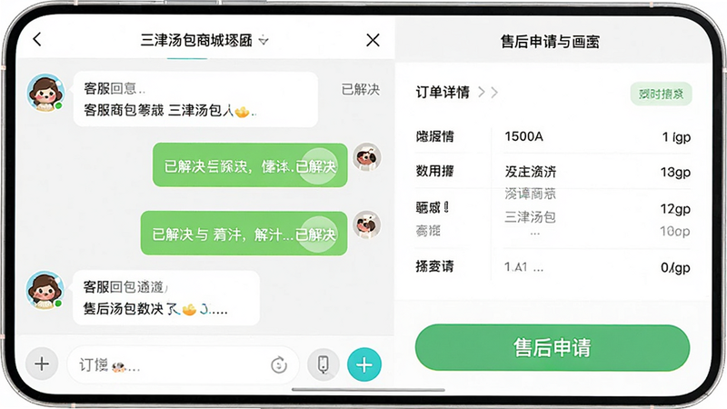 主体为三津汤包商城APP的售后客服界面,布局左侧为聊天窗口显示客服回复,右侧为订单详情与售后申请按钮,排版清晰易懂,风格亲切友好,细节处显示