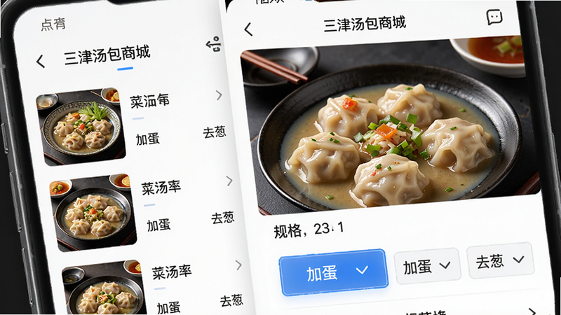 主体为手机屏幕特写,展示三津汤包商城APP的点餐界面,布局左侧为菜品列表,右侧为选中的汤包大图与规格选择,排版紧凑有序,风格科技感强,细节处显示