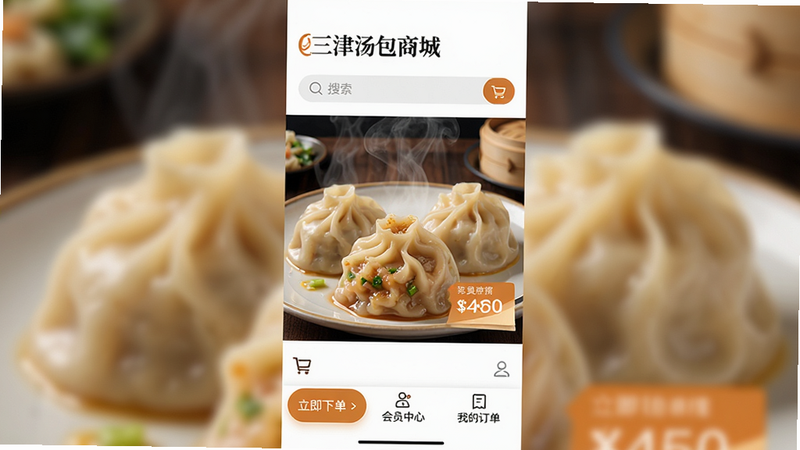 主体为三津汤包商城APP界面全景图,布局采用现代扁平化设计,顶部显示