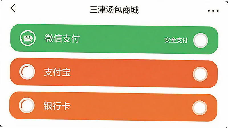 主体为支付界面示意图,展示三津汤包商城APP的支付选项列表,布局为单选按钮形式,包含