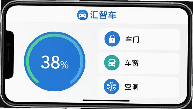 主体为手机应用内的车辆状态详情页,左侧显示圆形电量百分比数字,右侧列出“车门”、“车窗”、“空调”状态图标,顶部有“汇智车”APP Logo,界面采用扁平化设计,配色以白色和蓝色为主,数据呈现直观清晰,高清画质,无杂乱背景