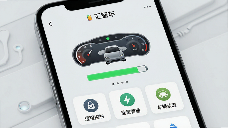 主体为一款名为“汇智车”的智能手机应用界面展示,屏幕中央显示简洁的车辆仪表盘图形与绿色电量条,背景为浅灰色极简科技风格,界面元素包括“远程控制”、“能量管理”、“车辆状态”三个核心图标,排版整洁有序,字体清晰,高清渲染,无多余装饰元素,干净利落