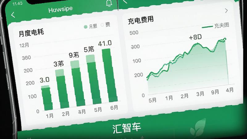 主体为手机应用内的能源管理图表页,显示柱状图和折线图,标注“月度电耗”与“充电费用”,界面底部有“汇智车”字样,配色为绿色系代表环保,布局紧凑,数据标签清晰可见,高清渲染,风格现代简约