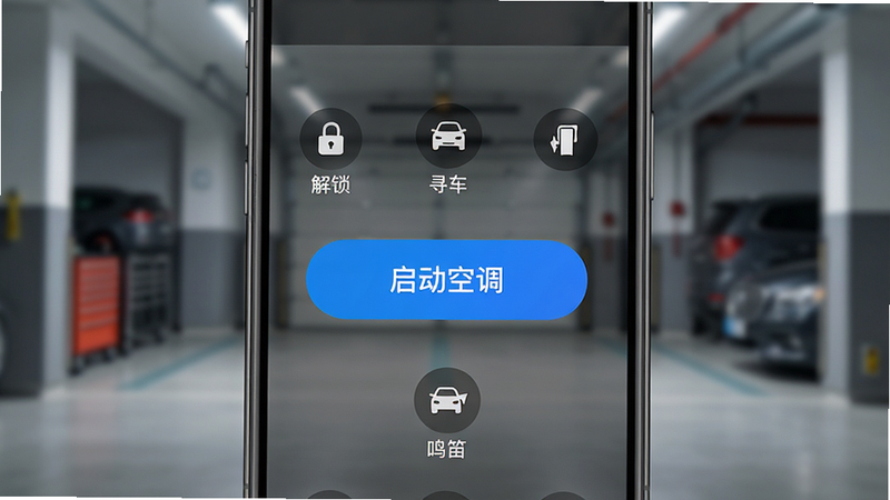 主体为手机应用内的远程控制操作界面,屏幕中央有一个大的“启动空调”按钮,周围环绕“解锁”、“寻车”、“鸣笛”功能图标,背景为模糊的车库场景,突出手机屏幕的清晰度,光线柔和,体现科技感,高清细节,无水印