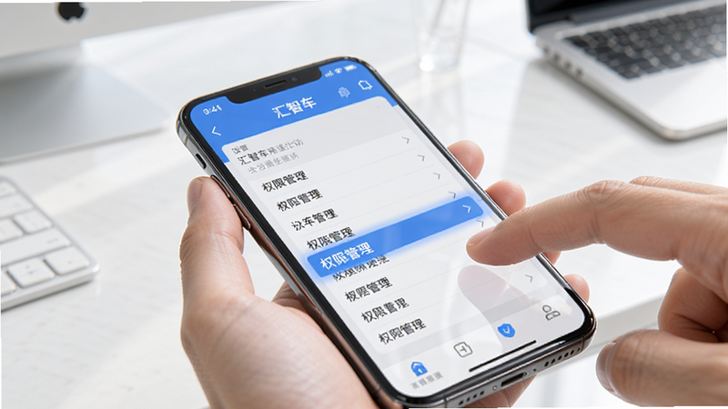 主体为一部智能手机,屏幕显示“汇智车”APP的设置页面,高亮显示“权限管理”选项,背景为简单的办公桌面,光线明亮,体现操作细节,高清质感,无杂乱物品,干净简洁