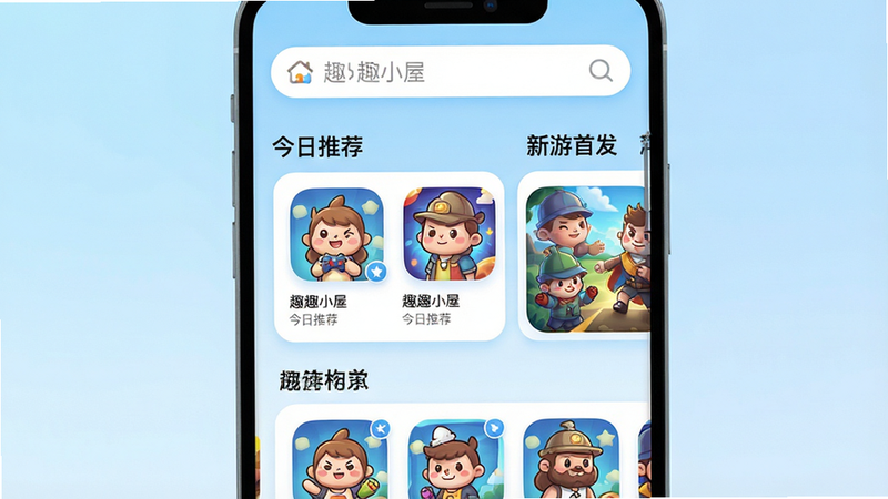 һ�Ÿ�����ƶ���Ӧ�ý������ͼ�������ǡ�ȤȤС�ݡ�APP����ҳչʾ����������������Ϊ���������м�Ϊ�������Ƽ����͡������׷���������飬��Ƭʽ�Ű棬��ʾ���ͨ������Ϸͼ�꣬����Ϊǳ��ɫ���䣬����ִ���ƽ����ϸ�ھ��£�����4k���ɾ����޶���Ԫ�أ�����������ʾ��ȤȤС�ݡ�